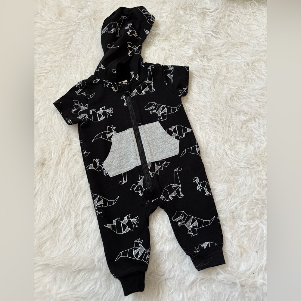 Black Origami Dinosaur Print Baby Hooded Romper